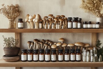 A modern apothecary setup with organic mushroom-based supplements in eco-friendly packaging, featuring reishi capsules, cordyceps tinctures, and dried mushrooms, all neatly displayed on a wooden shelf