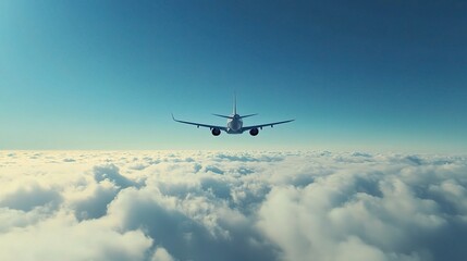 Fototapeta premium Airplane Flying Above Clouds in Clear Blue Sky