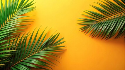Fototapeta premium High angle view of green palm tree fronds on warm summer yellow orange background