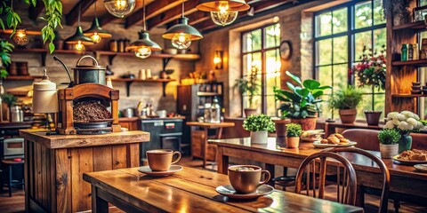 Cozy Vintage Coffee Shop Interior with Rustic Decor, Wooden Furniture, and Aromatic Coffee Atmosphere