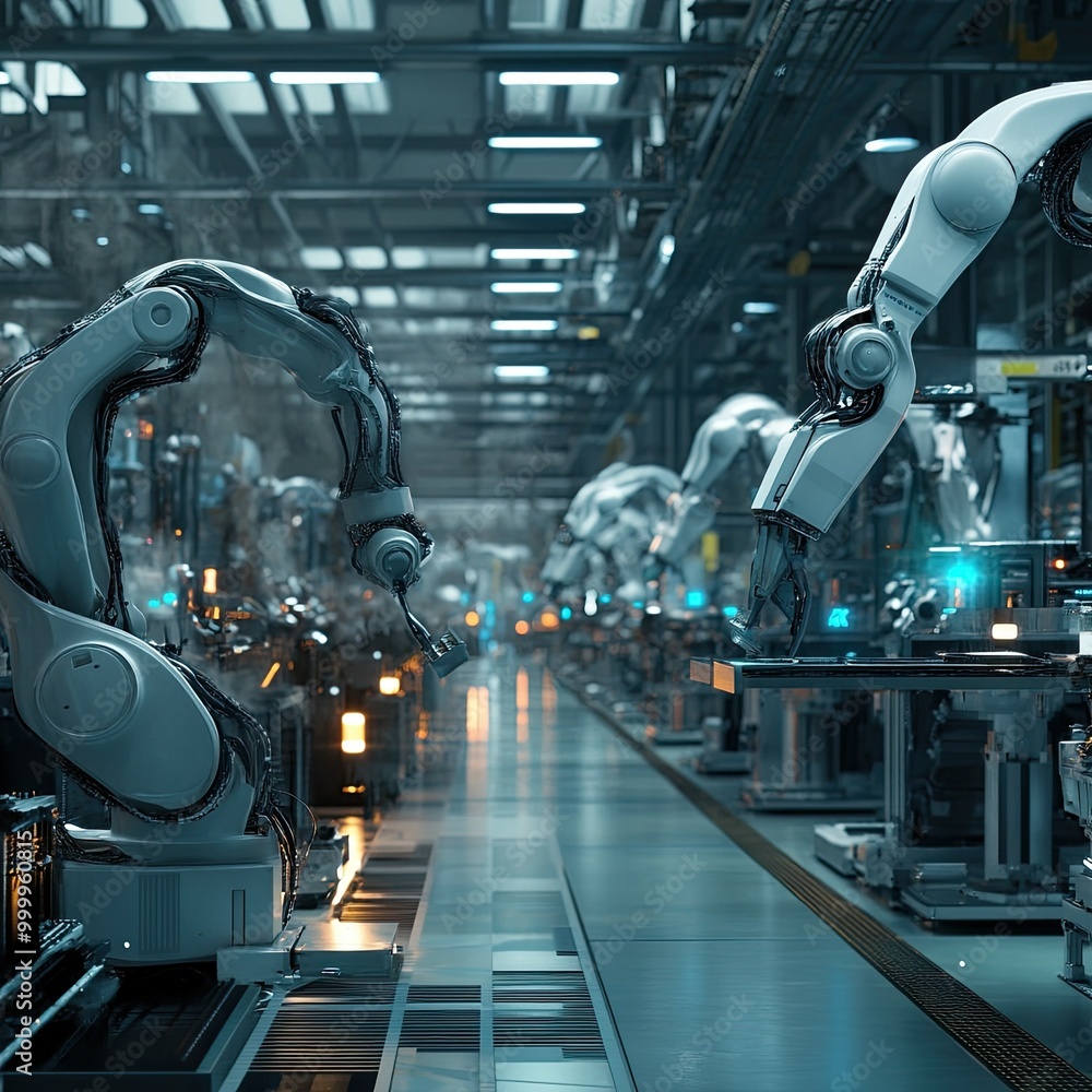 Poster futuristic factory floor with robotic arms and automated machines working in sync, symbolizing indus