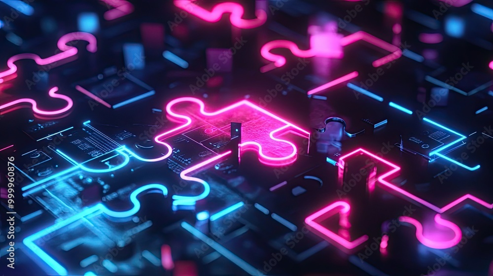 Poster futuristic neon puzzle pieces connecting on a digital background, symbolizing flawless api integrati