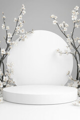 White empty low circular podium with smooth surface surrounded by blooming white flowers and branches against minimalist white background. Elegant floral product display background with copy space.
