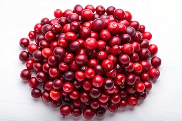 High angle view of heap of cranberries on white surface