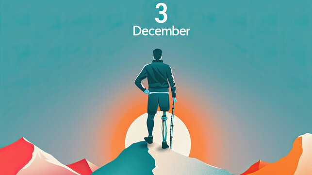 A conceptual image for International Day of Persons with Disabilities, showing a person with a prosthetic leg standing proudly on top of a mountain, with the sun rising behind them.
