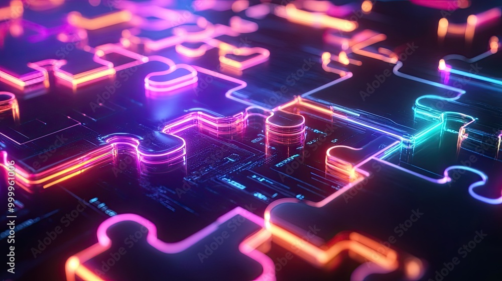 Poster futuristic neon puzzle pieces connecting on a digital background, symbolizing flawless api integrati