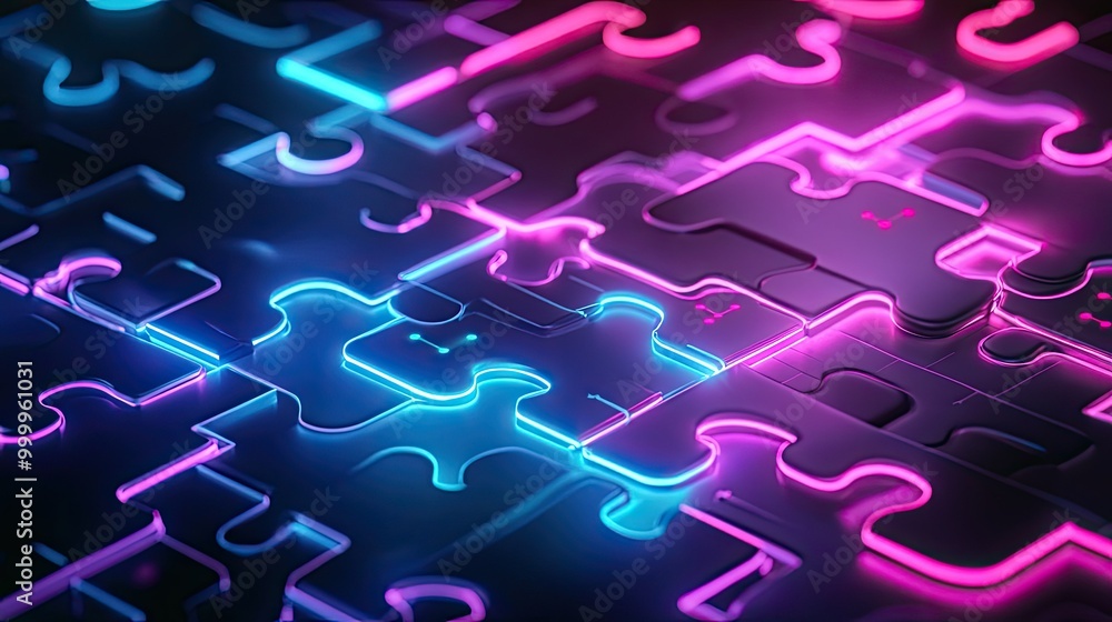 Poster futuristic neon puzzle pieces connecting seamlessly, symbolizing efficient api integration on a digi