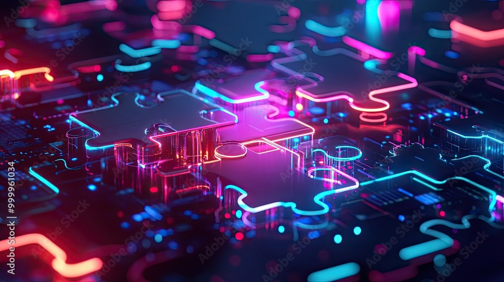 Poster futuristic neon puzzle pieces connecting seamlessly, symbolizing efficient api integration on a digi