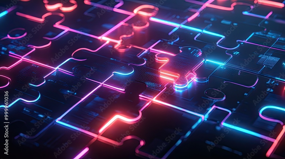 Poster futuristic neon puzzle pieces locking on a digital screen, showcasing api integration in a modern te