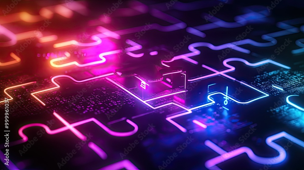 Poster futuristic neon puzzle pieces connecting seamlessly, symbolizing efficient api integration on a digi