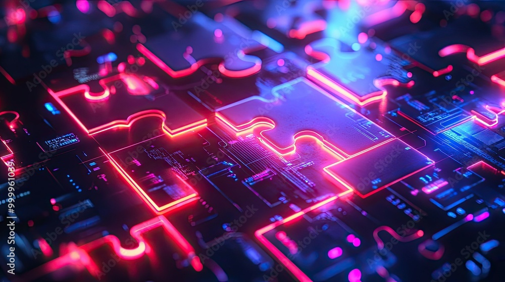 Poster futuristic neon puzzle pieces locking on a digital screen, showcasing api integration in a modern te