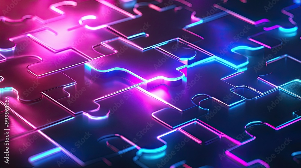 Poster futuristic neon puzzle pieces merging in a glowing environment, representing api integration and sys