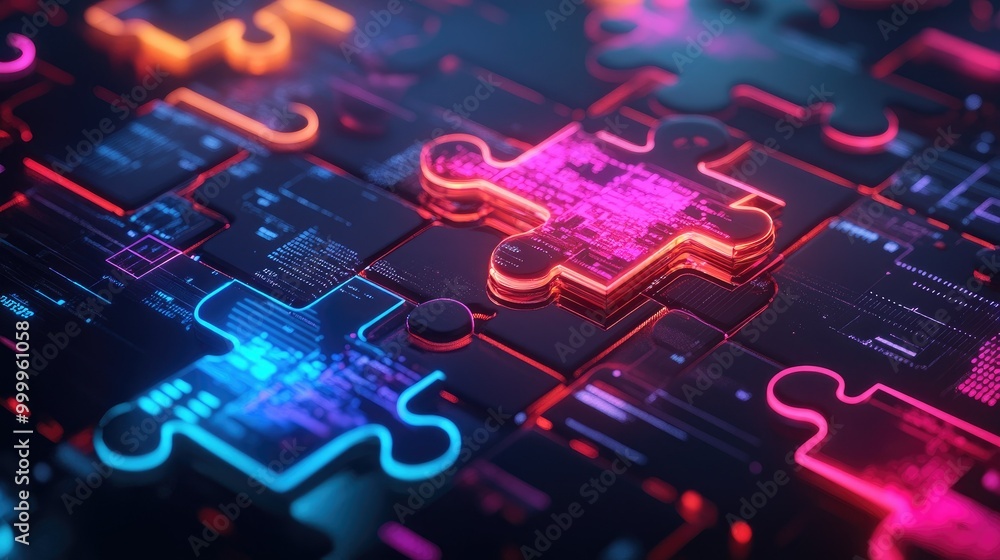 Poster futuristic neon puzzle pieces locking on a digital screen, showcasing api integration in a modern te