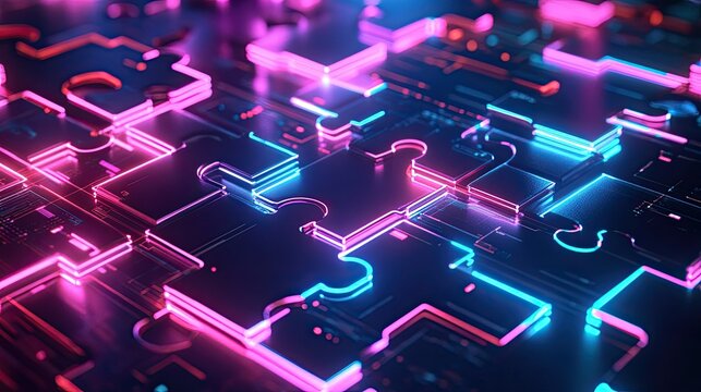 Futuristic neon puzzle pieces locking on a digital screen, showcasing API integration in a modern tech environment