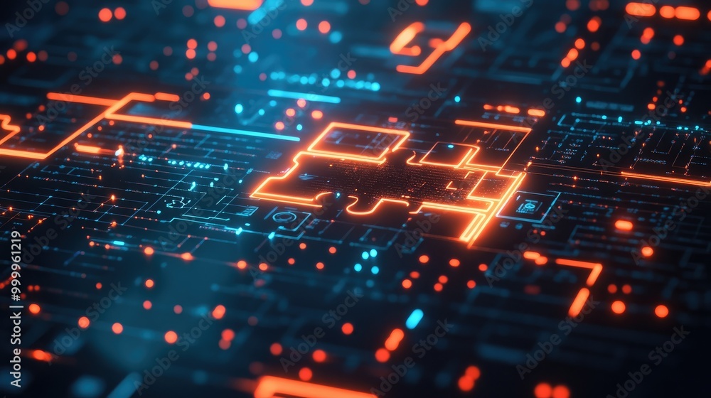 Poster futuristic neon puzzle pieces merging into a system on a digital screen, symbolizing api integration