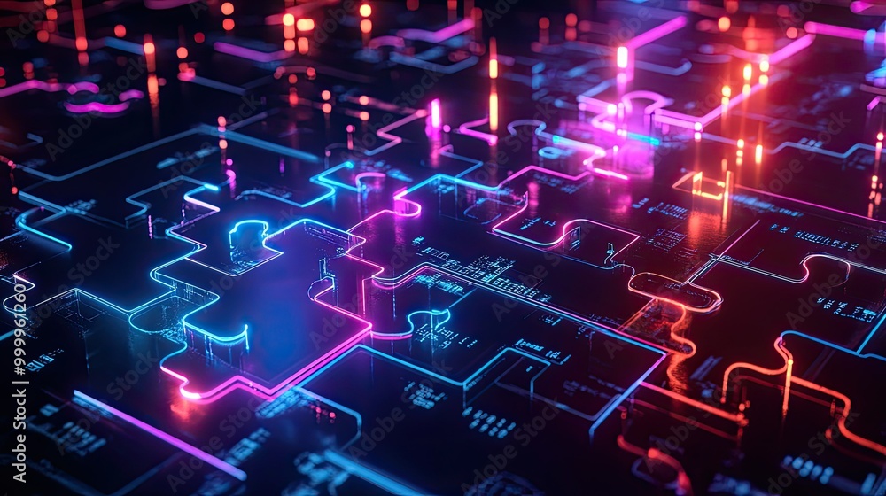 Poster futuristic neon puzzle pieces merging into a system on a digital screen, symbolizing api integration