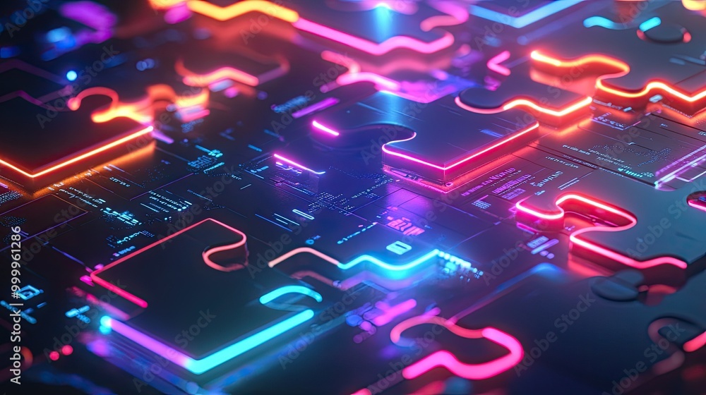 Poster futuristic neon puzzle pieces merging into a system on a digital screen, symbolizing api integration