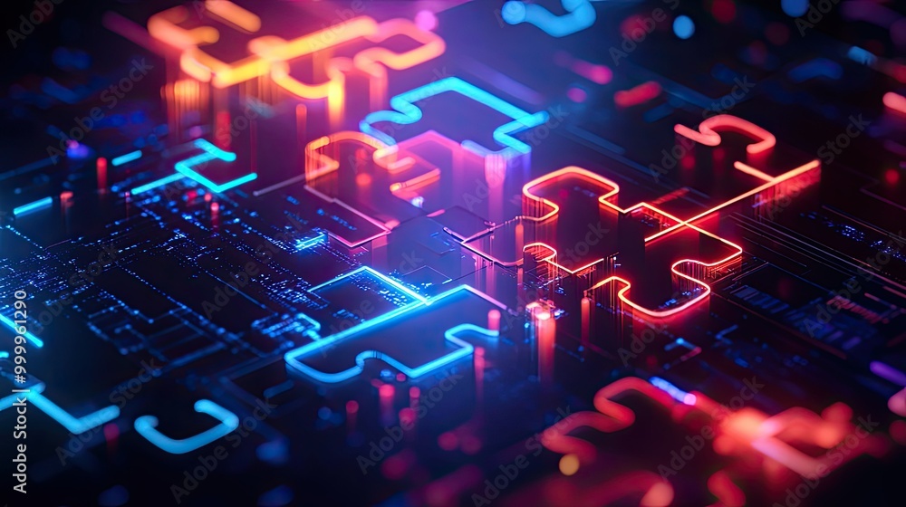 Poster futuristic neon puzzle pieces merging on a digital interface, symbolizing api integration and system