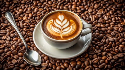 Creamy Coffee in a White Cup with a Beautiful Foam Art on Top Surrounded by Coffee Beans and