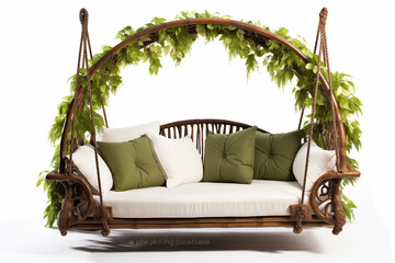 white swing sofa hanging from a delicate wooden frame, surrounded by pastel-colored garden flowers and soft greenery.  cushions are gently shaded in light hues, creating a serene , calming atmosphere