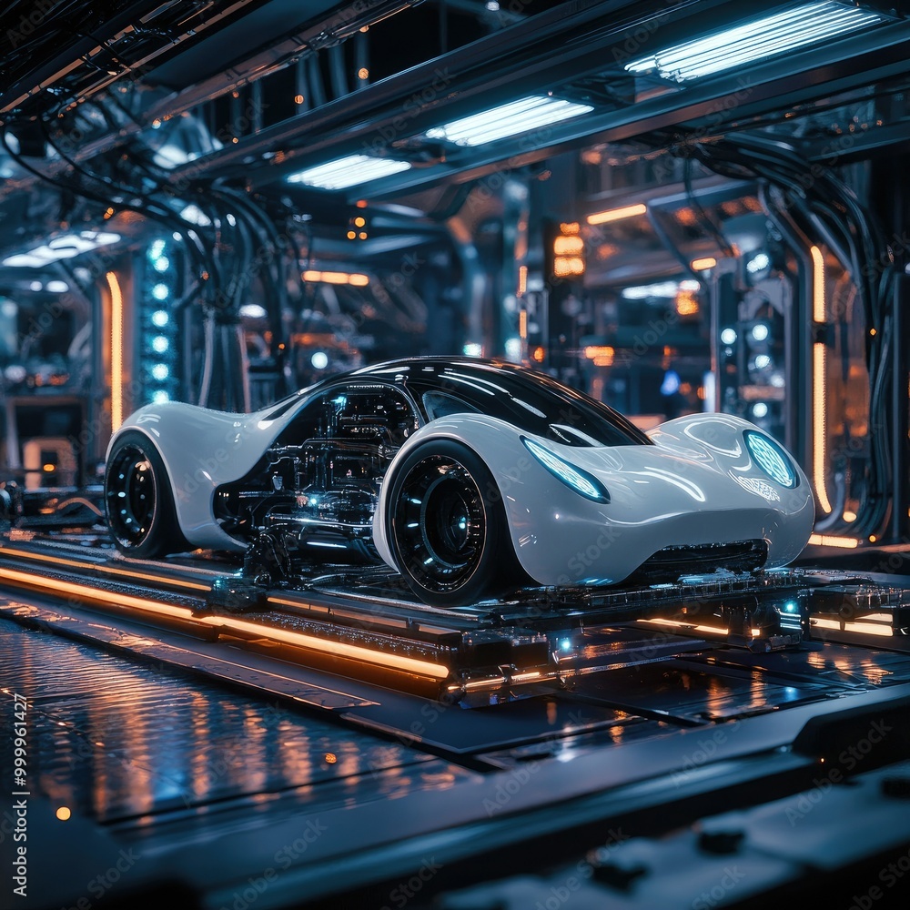 Poster futuristic robotic vehicle on a digital assembly line, representing autonomous transportation tech.