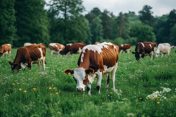 Cattle cow grazing on farmland. Grazing Cows in a Meadow with Grass. Cows Herd on a Grass Field. generative ai