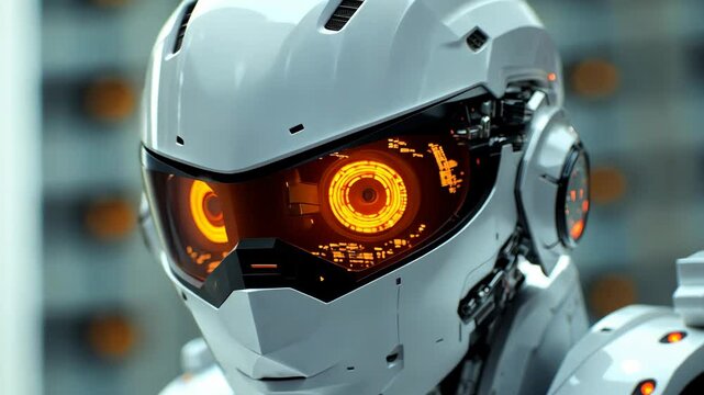 A close-up shot of a white robot's face, showcasing glowing orange eyes, possibly in a futuristic setting
