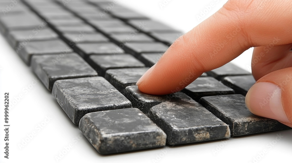 Poster a hand is pressing down on a textured black keyboard key, emphasizing the design and tactile experie