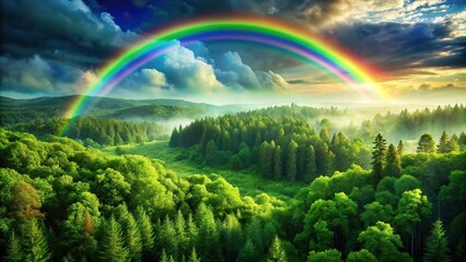 Obraz premium High angle view of lush green forest with rainbow in sky
