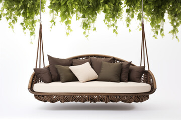 white swing sofa hanging from a delicate wooden frame, surrounded by pastel-colored garden flowers and soft greenery.  cushions are gently shaded in light hues, creating a serene , calming atmosphere