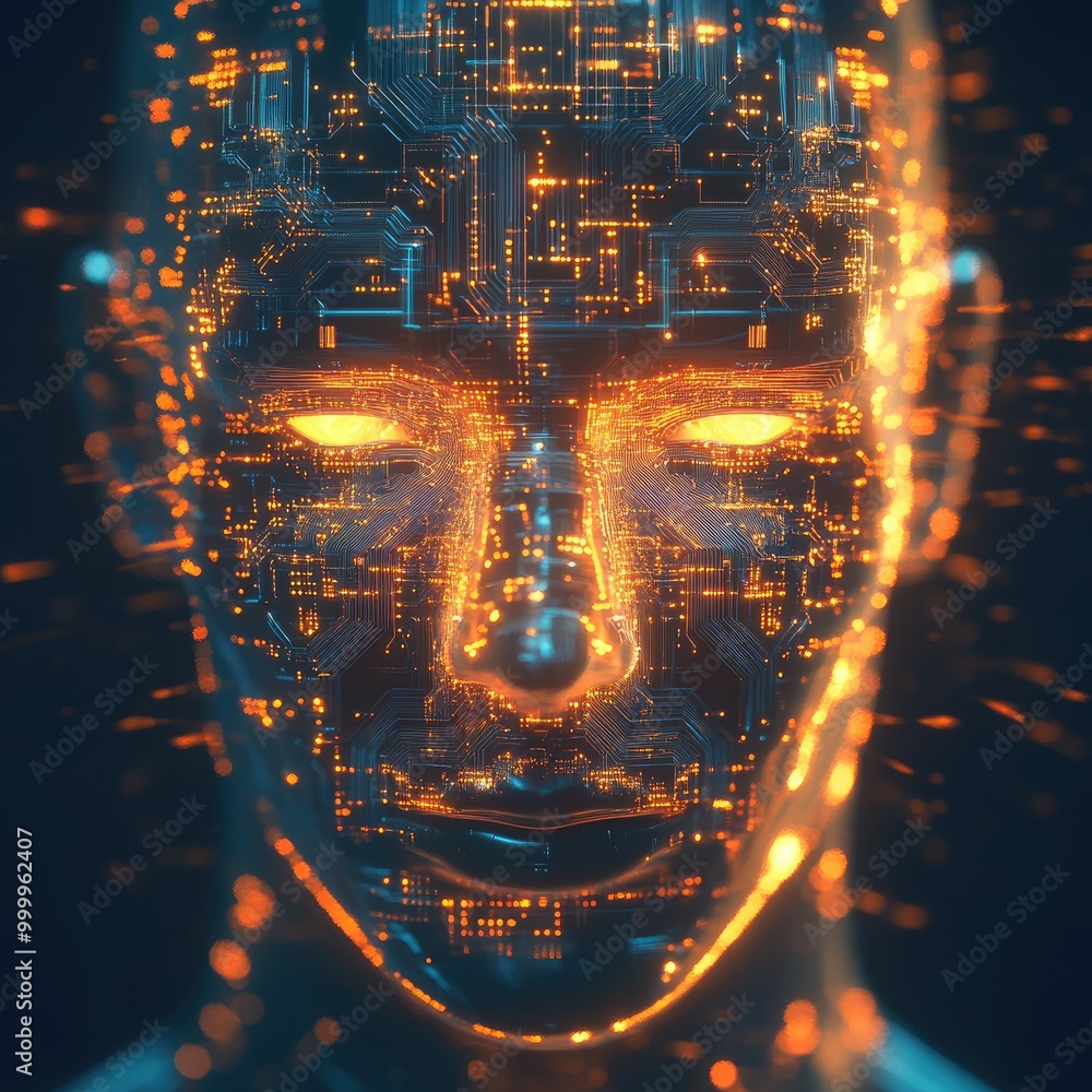 Poster glowing ai circuit board forming a digital face, representing advancements in artificial intelligenc