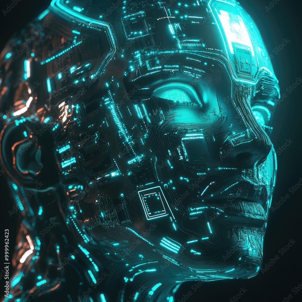 Poster glowing ai circuit board forming a digital face, representing advancements in artificial intelligenc