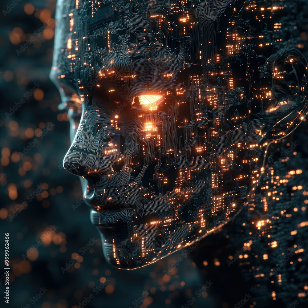 Poster glowing ai circuit board forming a digital face, representing advancements in artificial intelligenc