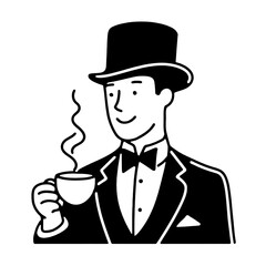 コーヒーを飲むタキシード姿の英国紳士のシンプルな線画イラスト　透過背景の切り抜き