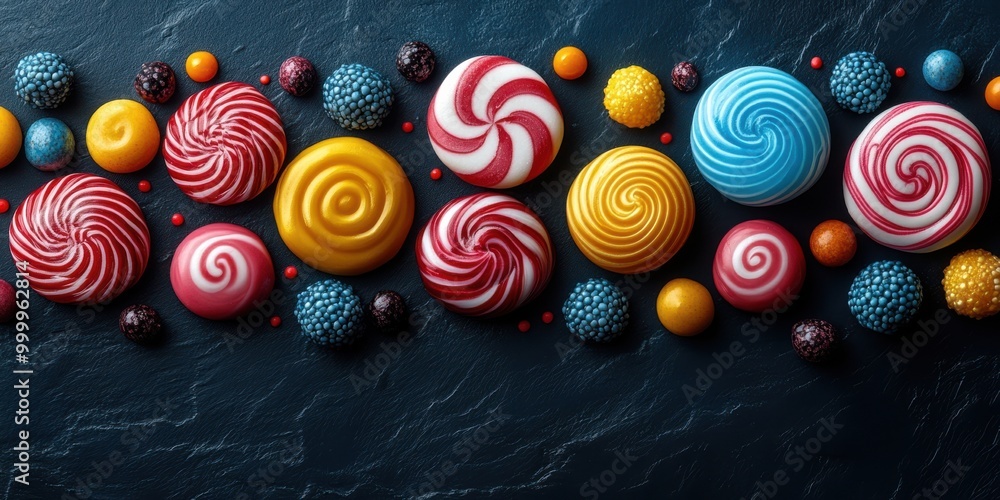 Poster A vibrant collection of colorful swirl candies arranged in a row against a dark background, with a few scattered candies and berries adding a touch of whimsy