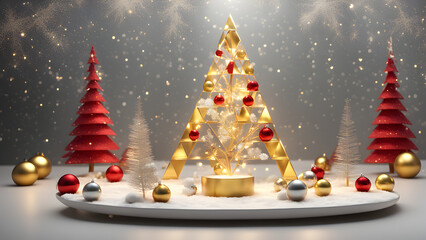 3D rendering of a modern Christmas scene with a sleek, minimalist design.