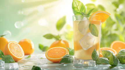Fototapeta premium Refreshing iced tea with lemon and orange slices, surrounded by fruit and ice on a sunny day.