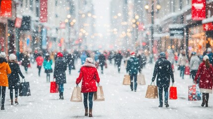 Obraz premium Winter holiday street scene, vibrant atmosphere, shoppers in warm clothing, festive decorations, snowflakes falling, cheerful ambiance