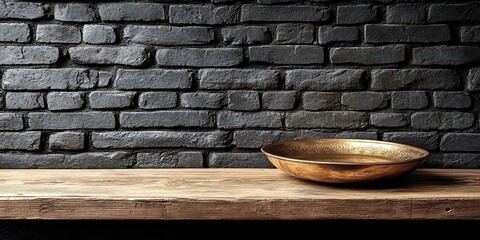 A rustic wooden shelf with a decorative metal bowl sits in front of a weathered brick wall.