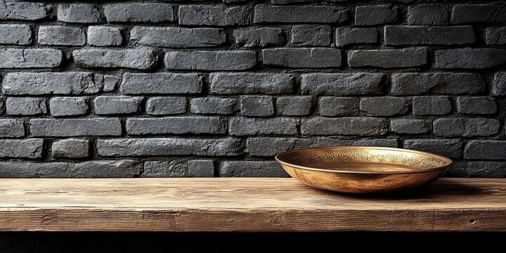 A rustic wooden shelf with a decorative metal bowl sits in front of a weathered brick wall.