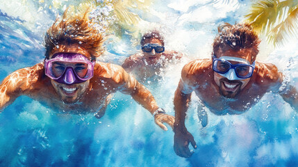 Naklejka premium A group of three friends swims happily underwater, showcasing their snorkeling gear against the vibrant blue backdrop of the ocean