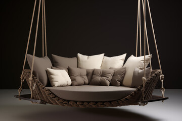 A luxurious, modern swing sofa with soft, plush cushions, suspended by sleek metal chains. lush garden , colorful flowers, greenery,  warm sunlight casting shadows,swing has a wooden canopy for shade.