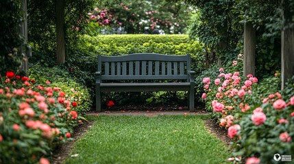 Serene Park Bench in Lush Green Setting with Blooming Flowers and Chirping Birds, Tranquil Nature Scene for Relaxation and Reflection