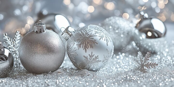 A variety of beautifully designed silver Christmas ornaments displayed on a snowy surface, highlighting the holiday spirit.