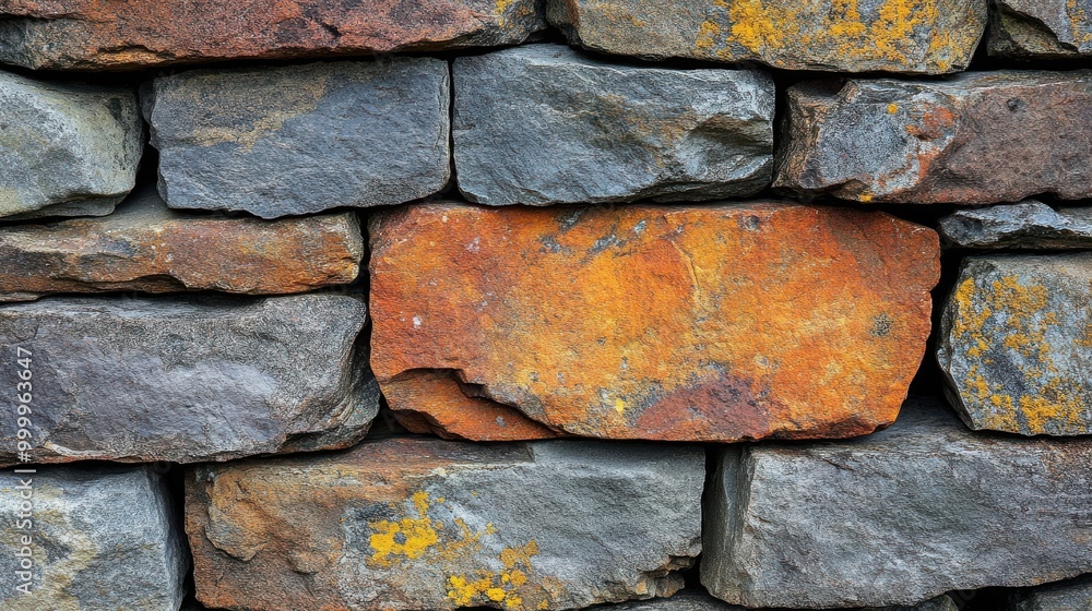 Poster a weathered stone wall with a striking rusty orange stone in the middle, creating a vibrant contrast