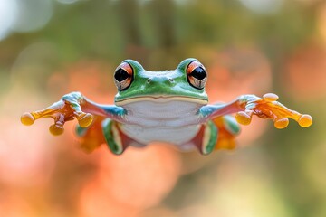 Naklejka premium Close Up of Cute Flying Frog - Macro Amphibian Photo Series ,generative ai