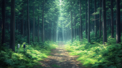 Obraz premium A peaceful pathway winds through a green forest, illuminated by shafts of soft morning light and surrounded by vibrant foliage