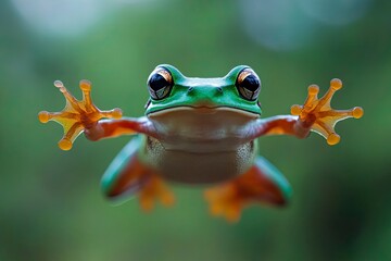 Naklejka premium Close Up of Cute Flying Frog - Macro Amphibian Photo Series ,generative ai