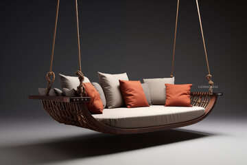 A luxurious, modern swing sofa with soft, plush cushions, suspended by sleek metal chains. lush garden , colorful flowers, greenery,  warm sunlight casting shadows,swing has a wooden canopy for shade.