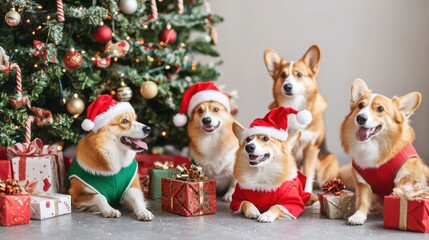 Festive Canines in Holiday Attire, a cheerful gathering of dogs adorned in vibrant costumes, celebrating the joy of the season together.